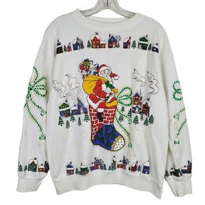 Vintage Holiday Time Santa Chimney Stocking Town Winter White Sweatshirt Sz M